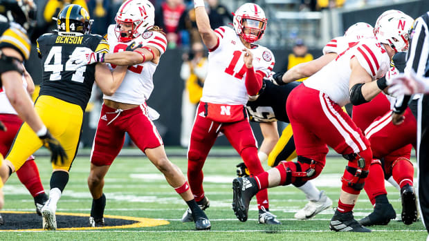 Nebraska's quarterback Casey Thompson (11) throws a pass during a NCAA Big Ten Conference football game against Iowa, Friday, Nov. 25, 2022, at Kinnick Stadium in Iowa City, Iowa. 221121 Nebraska Iowa Fb 025 Jpg